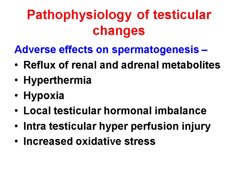 Pathophysiology of testicular changes Adverse effects on spermatogenesis –  Reflux of renal and